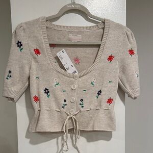 Kimchi Blue Embroidered Floral Cardigan Sweater Small Cream Tie Front NWT size S